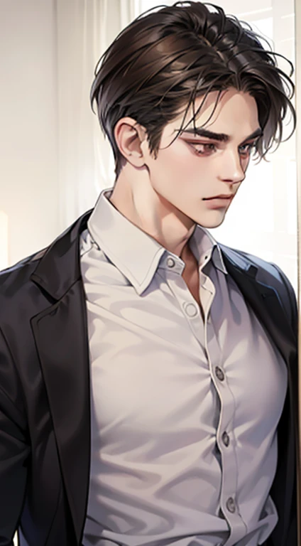 masterpiece, best quality, realistic, 1man, mature male, quiet and charming young man, 36 year old, a smirk, closed mouth, portrait, extremely detailed face, a little distant, ((dark eyes)), ((short-right-swept dark brown hair)), [thick eyebrows], ((shirt)), handsome, distant shot