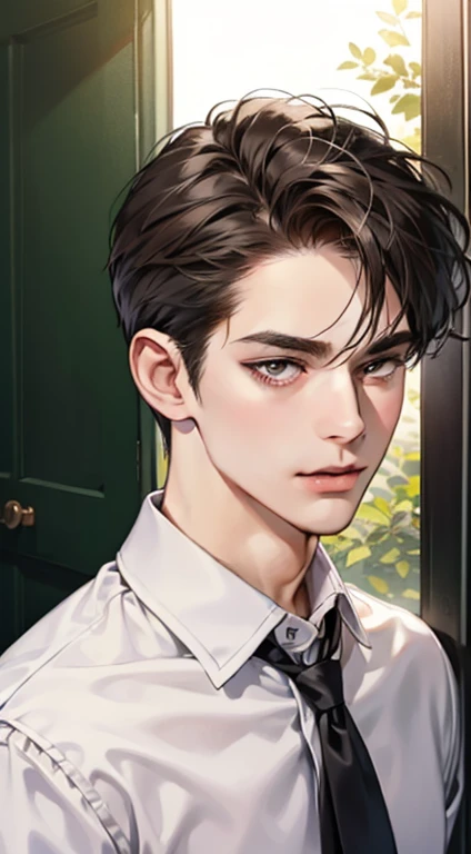 masterpiece, best quality, realistic, 1man, mature male, quiet and charming young man, 36 year old, a smirk, closed mouth, portrait, extremely detailed face, a little distant, ((dark eyes)), ((short-right-swept dark brown hair)), [thick eyebrows], ((shirt)), handsome, distant shot