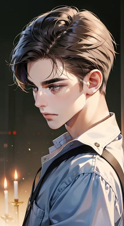 masterpiece, best quality, realistic, 1man, mature male, quiet and charming young man, 36 year old, a smirk, closed mouth, portrait, extremely detailed face, a little distant, ((dark eyes)), ((short-right-swept dark brown hair)), [thick eyebrows], ((shirt)), handsome, distant shot