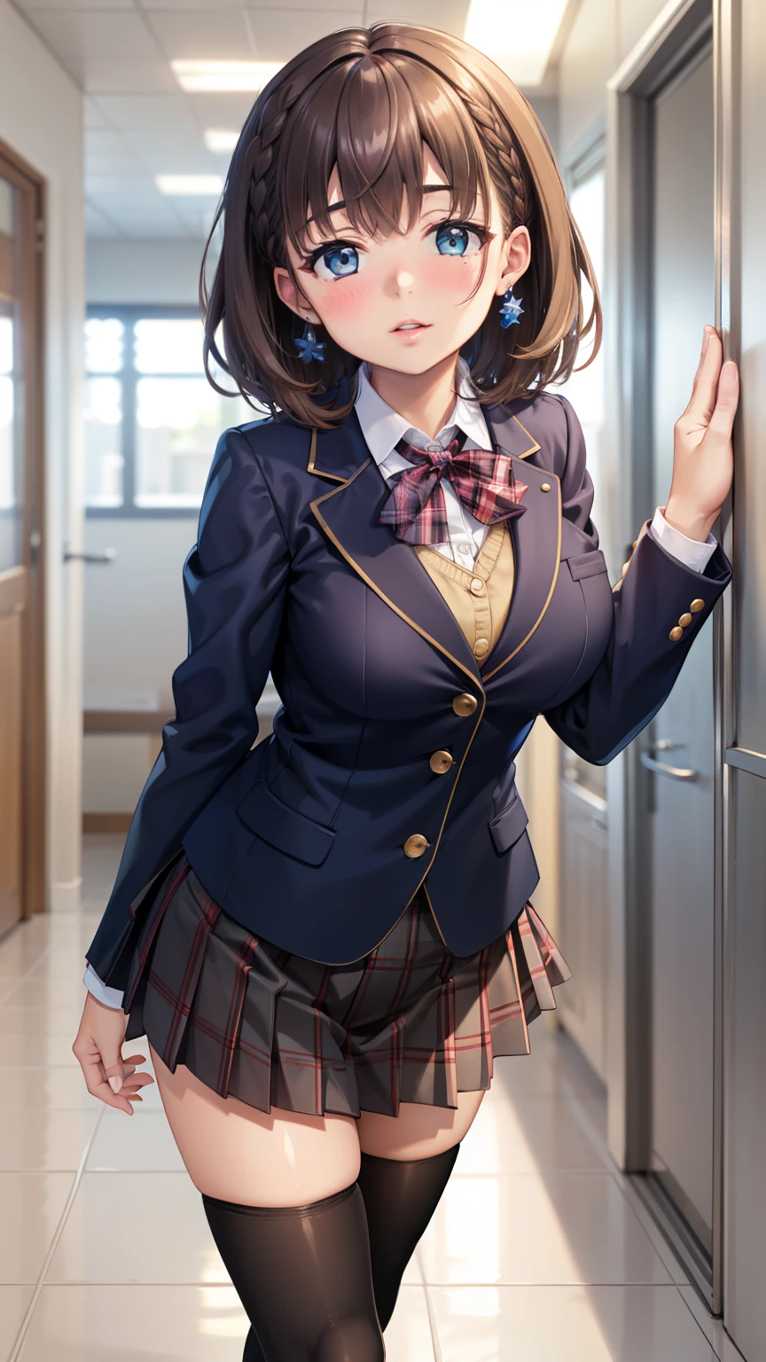 Beso, 1girl, natural lighting, masterpiece, highly detailed, illustration, game CG, absurdres, high quality, aichan, large breasts, blue eyes, beautiful detailed eyes, short brown hair, side braid, school, blazer, plaid miniskirt, thigh highs, school hallway