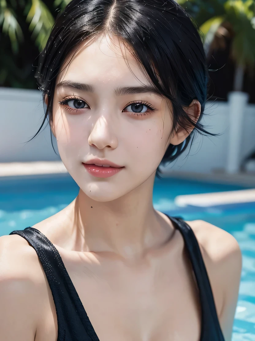((masterpiece、highest quality、Very detailed、High resolution、Photorealistic、Sharp focus))、((Photorealistic portrait of a stunningly beautiful woman、Focus on the chest up、(Bust Shot)、Brightness of the face))、High contrast、Detailed hand drawing、Bright smile、Detailed black eyes、Detailed, symmetrical and realistic face、Wet black hair、(Boyish short hair、High Top Fade、all back)、Rich colors、Ultra-realistic textures、View your viewers、Dynamic Pose、Blue one piece swimsuit、Striped pattern、Daytime、Poolside