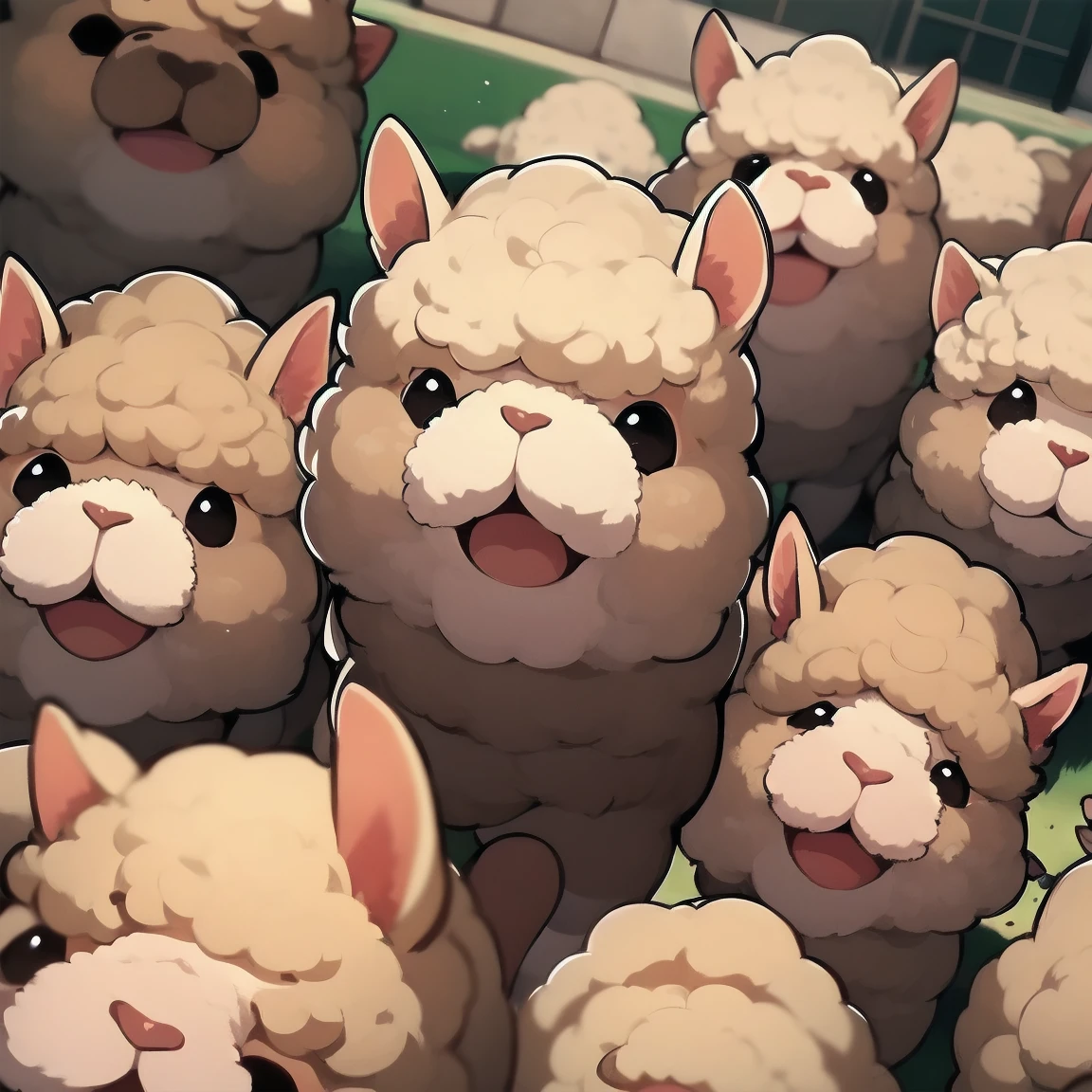 Cute alpaca running wildly, Panicked Alpaca, Cute cartoon style, Panic expression,Seven alpacas in the house, Running towards the camera, HD, Dynamic angle, Looking from the bottom up,