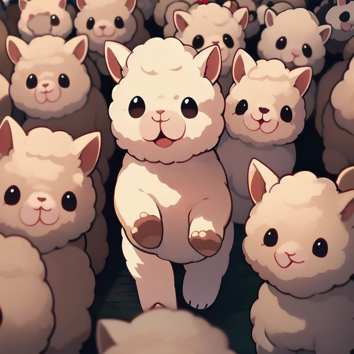 Cute alpaca running wildly, Panicked Alpaca, Cute cartoon style, Panic expression,Seven alpacas in the house, Running towards the camera, HD, Dynamic angle, Looking from the bottom up,