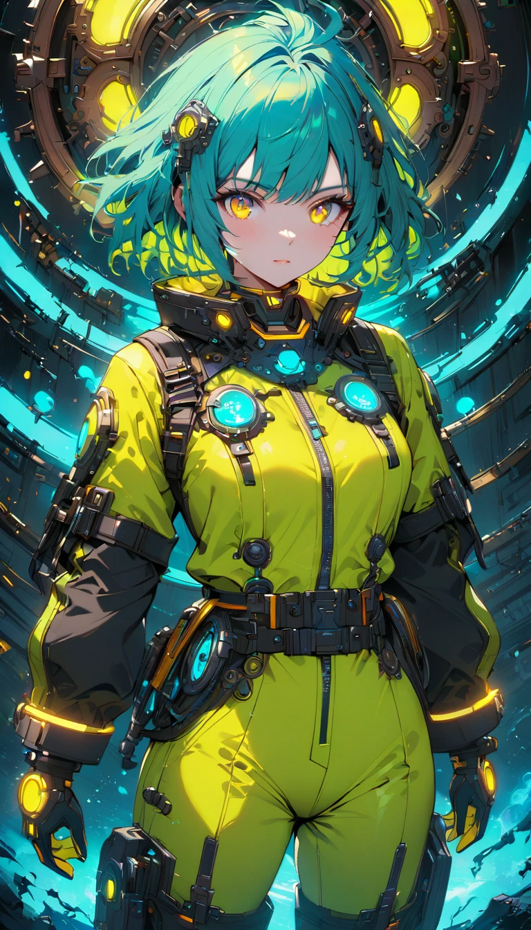 vibrant colors,female,masterpiece,sharp focus,best quality,depth of field,cinematic lighting,((solo, one woman )),(illustration, 8k CG, extremely detailed),masterpiece,ultra-detailed,Kingdom of Mechanisms Hair Length: Short and shaggy Hair Color: Bright Cyan Eye color: Neon yellow Clothes: Engineer suit with metal parts,night vision goggles. This figure stood in the Clockwork Realm,with short,bright cyan hair that seemed to glow with electrical energy. Neon yellow eyes scrutinized the complex mechanisms and machines that populated the kingdom. He wore an engineer's suit with metal parts and night vision goggles,immersed in his work of creating and maintaining the kingdom's machines.,