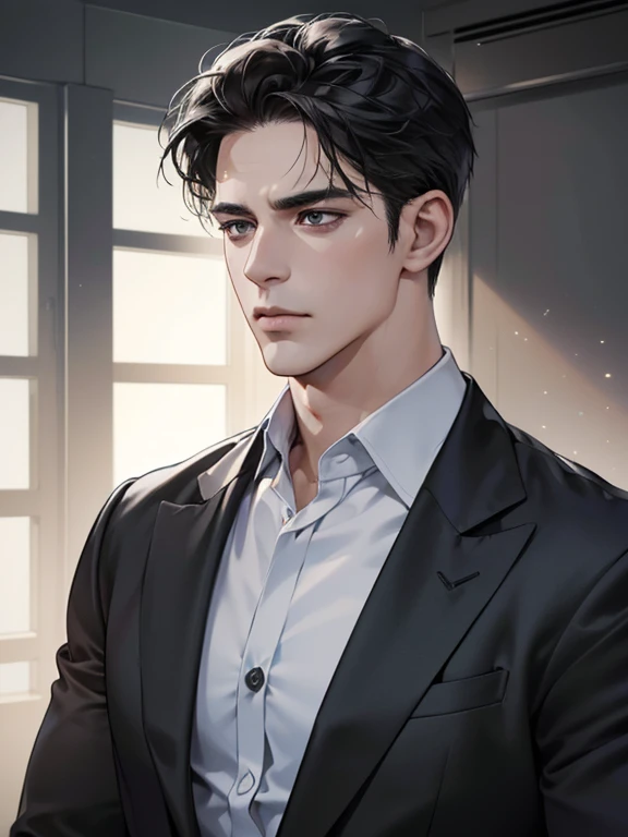 (best quality, masterpiece, 8K, photorealistic, cinematic lighting, hdr image, ultra detailed, beautiful image), 1 man, 34 years old, mature man, very handsome, (without expression, serious), short black hair, black eyes ( penetrating gaze), imposing posture, businessman, office background