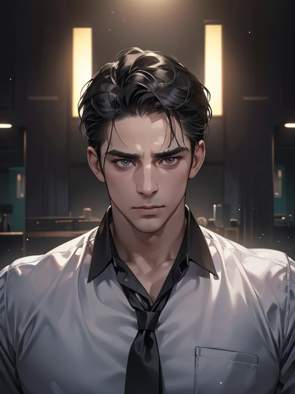 (best quality, masterpiece, 8K, photorealistic, cinematic lighting, hdr image, ultra detailed, beautiful image), 1 man, 34 years old, mature man, very handsome, (without expression, serious), short black hair, black eyes ( penetrating gaze), imposing posture, businessman, office background