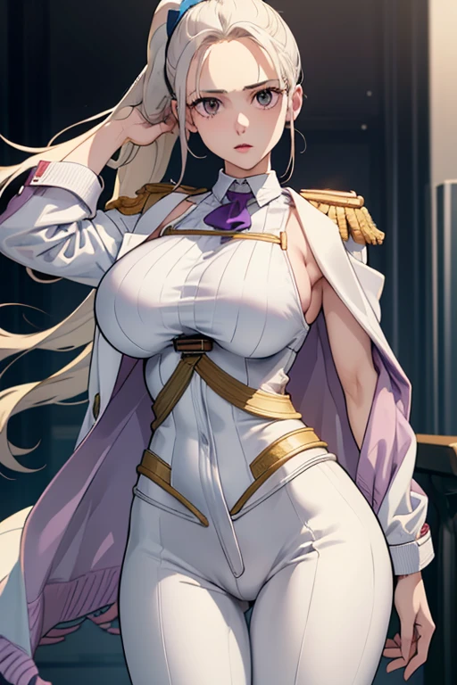 masterpiece, best quality,woman, folded ponytail, (white long coat), coat on shoulders,white navy soldier uniform ,(epaulettes), purple shirt, blue pants, upper body, looking at viewer, large breasts ,(hd), (full body shot), (high resolution)