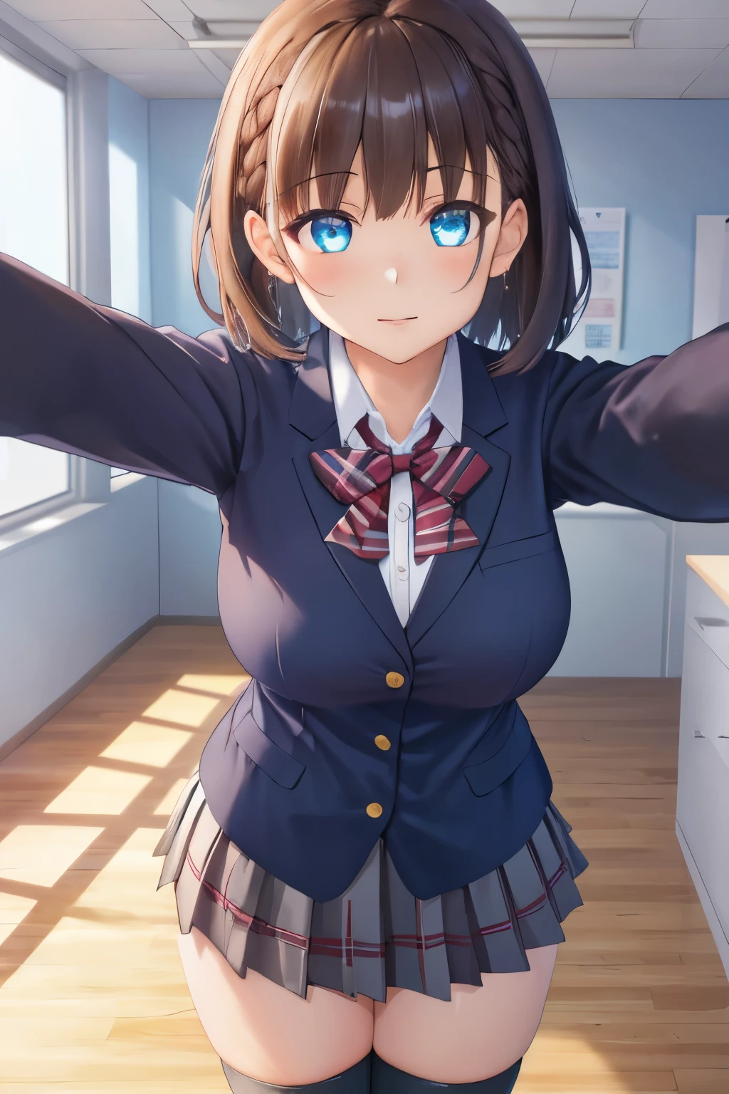 masterpiece, best quality, highres, kabedon pov, looking at viewer, 1girl, natural lighting, masterpiece, highly detailed, illustration, game CG, absurdres, high quality, aichan, large breasts, blue eyes, beautiful detailed eyes, short brown hair, side braid, school, blazer, plaid miniskirt, thigh highs, school hallway