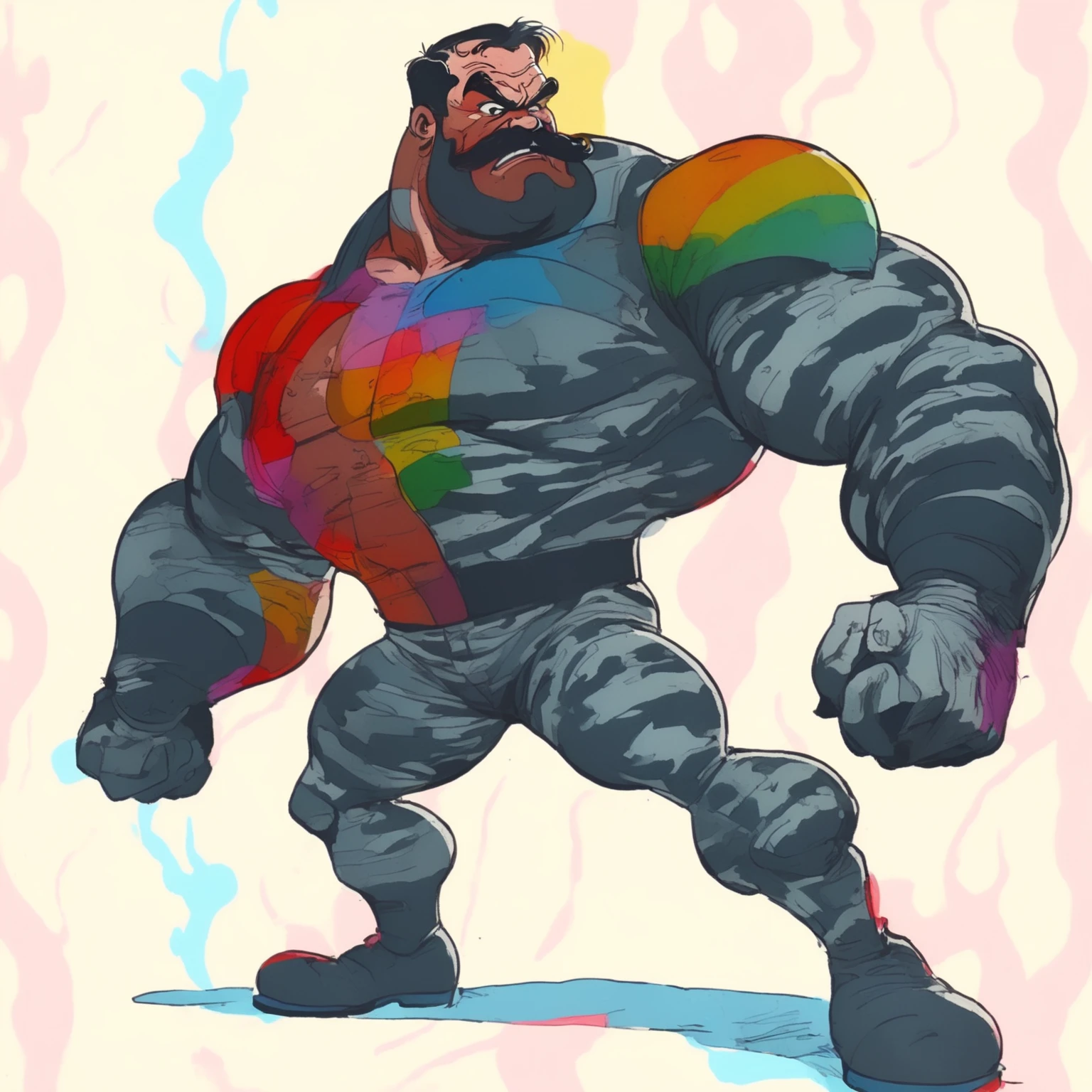 watercolor, charcoal, surreal, Bluto (popeye the sailor villain Bluto, bearded), 1960's animated hand drawn cartoon rotoscope, wearing Tight Combat Suit, Tight urban camo navy Combat Suit, too tight,  (full roygbiv color) ink charcoal expressive illustration, no light source, darkness, light mask uv rays across face, absurd, with rich color grading, cel shading, warm and unified colors, rotoscope, animated, VHS, glitch, distorted, nostalgia, 90's retro vibe, chonky, obese, hefty, heavy weight, hyper maximal, strange, hyperrealistic, rotoscope expressive ink bold line hand drawn, extremely intensely chonky, spilling over in all directions, hefty, rotund, obese, large, in a cinematic style, s, analog tape, vcr aesthetics, tv, television, hand drawn, minimal, precise,
