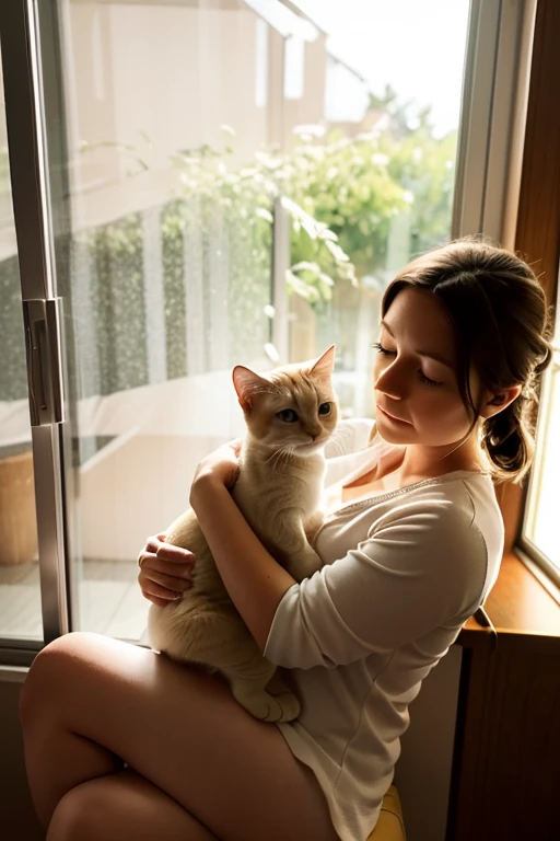 photo realistic,A white Munchkin cat with short legs is peacefully basking in the warm sunlight streaming through the window. Cozy,serene,soft lighting