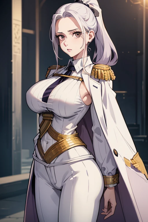 masterpiece, best quality,woman, blackfolded ponytail, (white long coat), coat on shoulders,white navy soldier uniform ,(epaulettes), purple shirt, blue pants, upper body, looking at viewer, large breasts ,(hd), (full body shot), (high resolution)