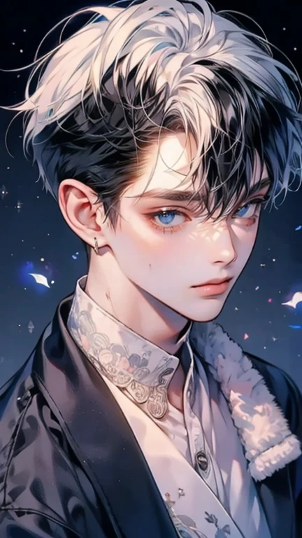 (Mastepiece), (Best Quality), Very detailed, ((Two friendly men:1.5)), Perfect Face, Beautiful Face, Very detailed顔,(Black Haired Man:1.3),(Man with white hair:1.3),suit,shirt