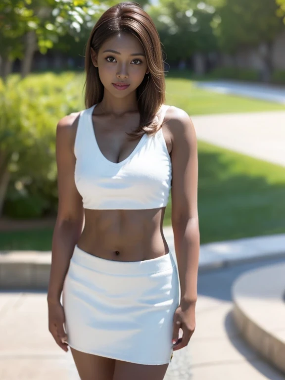 Close-up of a woman in a white top and skirt, beautiful abdomen, Attractive body, Toned body, a healthy woman, The smallest belly ever, physically : The smallest belly ever, Exposed abdomen, Slim waist, Narrow waist, Wearing a crop top, White bra, Healthy Body, Gives you a curvaceous figure, Sports bra and shirt