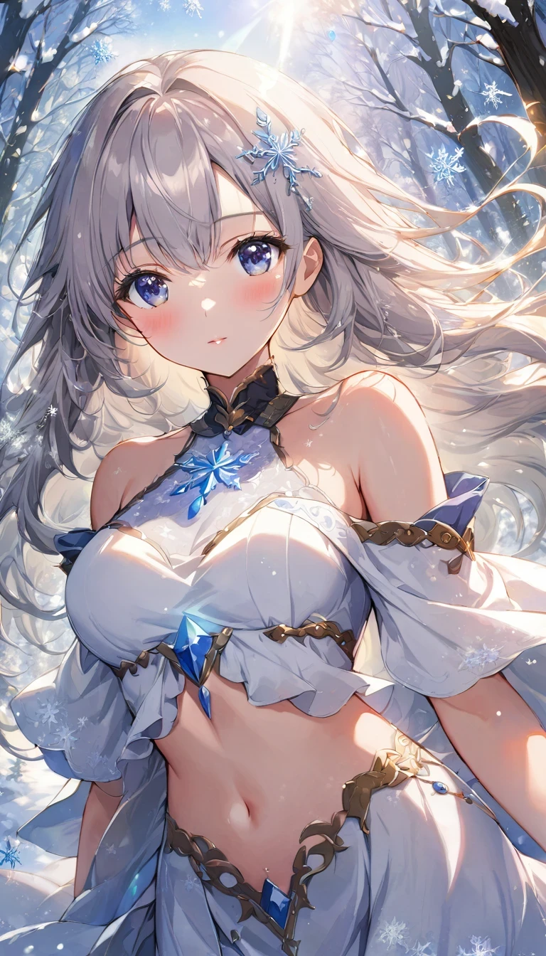 ((((ink))),((watercolor)),world masterpiece theater, ((best quality)),depth of field,((illustration)),(1 girl),anime face,medium_breast,floating,beautiful detailed sky,looking_at_viewers,an detailed organdie dress,very_close_to_viewers,bare_shoulder,golden_bracelet,focus_on_face,messy_long_hair,veil,upper_body,lens_flare,light_leaks,bare shoulders,detailed_beautiful_Snow Forest_with_Trees, spirit,grey_hair,(Snowflakes)),floating sand flow,navel,(beautiful detailed eyes), (8k_wallpaper),