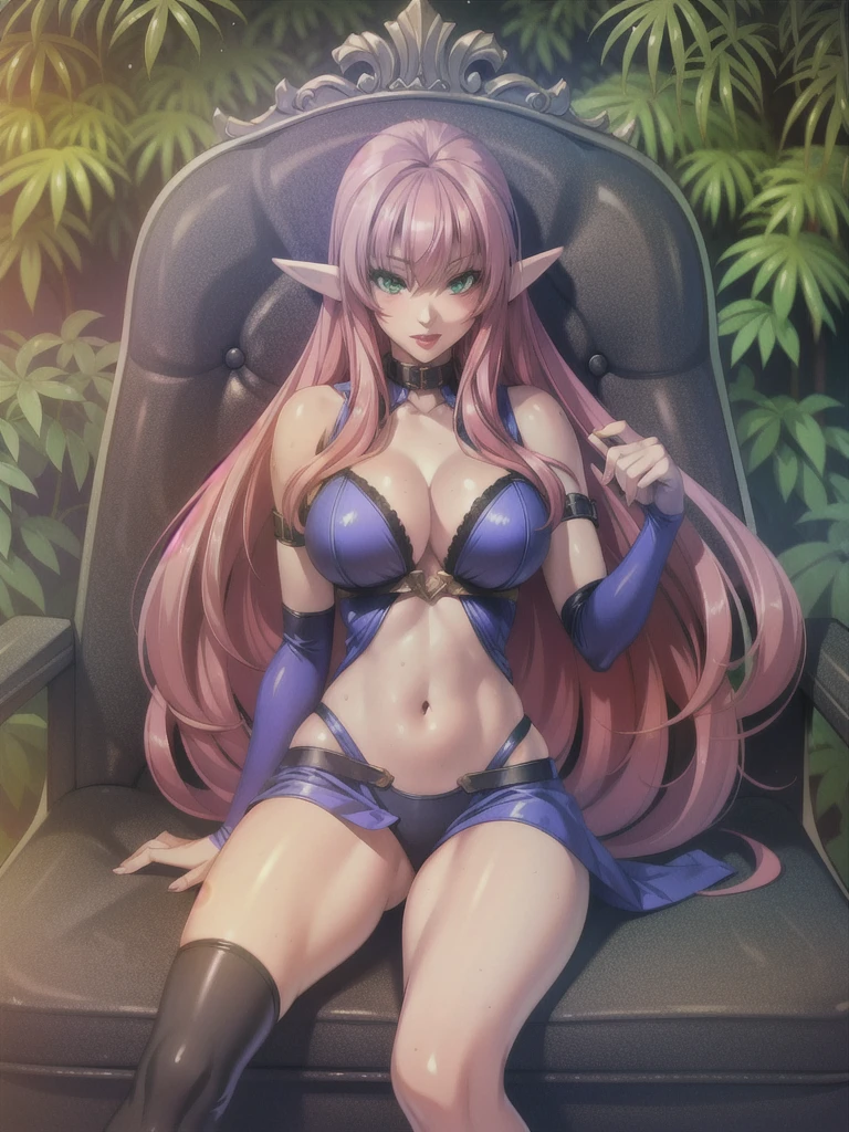 best quality, 32k uhd, insane details, intricate details, hyperdetailed, hyper quality, high detail, ultra detailed, Masterpiece, forest, full bodyesbian, detailed green eyes, beautiful eyes, one elf girl, full red lips, exposed navel, bare shoulders, large breasts, exposed cleavage, pink hair, straight hair, leather purple outfit, she wear purple high heel boots, seat in front of viewer, soft smile, vs goblins