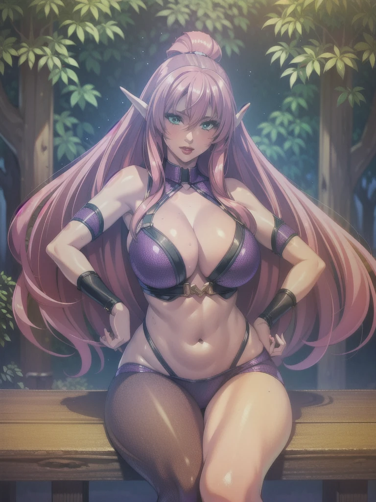 best quality, 32k uhd, insane details, intricate details, hyperdetailed, hyper quality, high detail, ultra detailed, Masterpiece, forest, full bodyesbian, detailed green eyes, beautiful eyes, one elf girl, full red lips, exposed navel, bare shoulders, large breasts, exposed cleavage, pink hair, straight hair, leather purple outfit, she wear purple high heel boots, seat in front of viewer, soft smile, vs goblins
