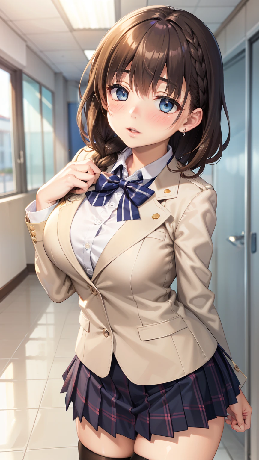 Imminent kiss, kiss pov, 1girl, natural lighting, masterpiece, highly detailed, illustration, game CG, absurdres, high quality, aichan, large breasts, blue eyes, beautiful detailed eyes, short brown hair, side braid, school, blazer, plaid miniskirt, thigh highs, school hallway