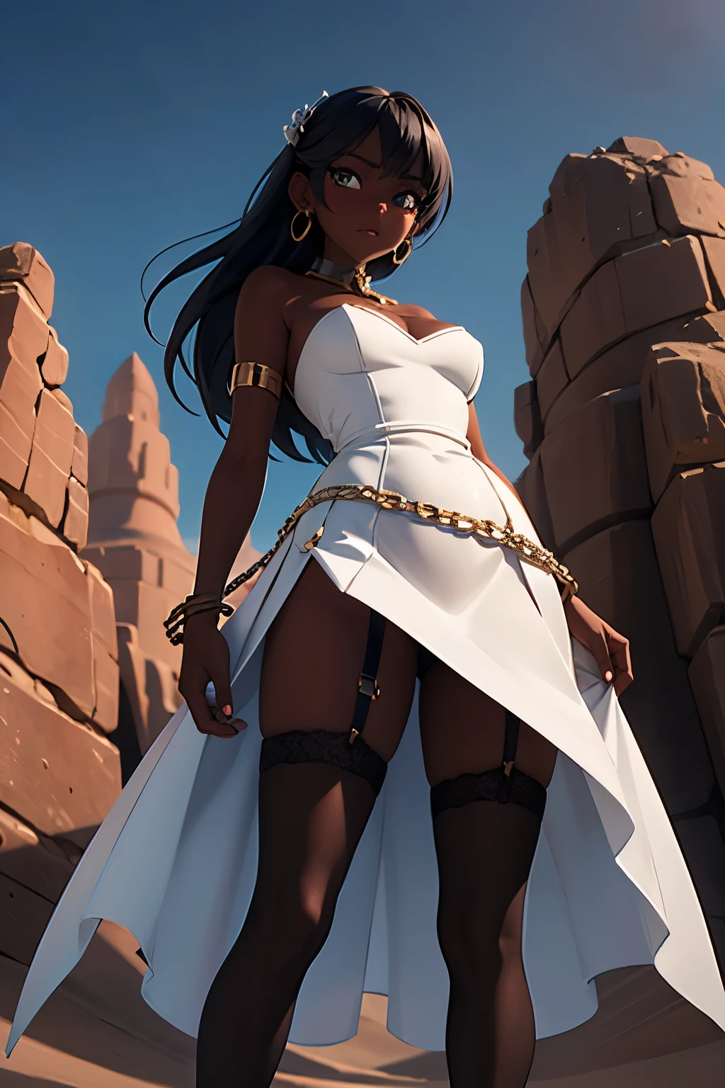 white clothes, strapless dress, pelerine, chain skirt, high-slit skirt, thigh garter, garter belt, lustrous dark skin, desert scenario, view from below