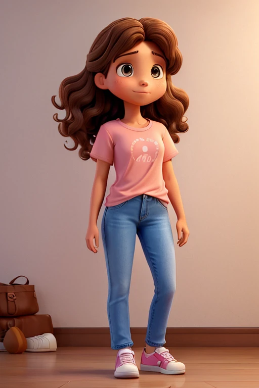 A 30 year old woman with brown medium length hair with soft curls, brown eyes with fair skin wearing a light pink t-shirt, blue jeans and white tennis shoes with white socks.