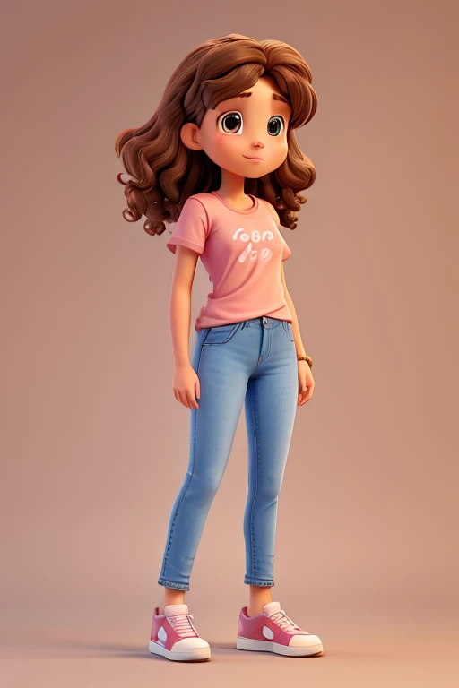 A 30 year old woman with brown medium length hair with soft curls, brown eyes with fair skin wearing a light pink t-shirt, blue jeans and white tennis shoes with white socks.