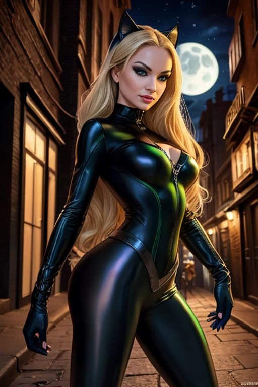 A seductive catwoman with long blonde hair, clad in a skin-tight leather suit, prowls through the dark alleyways of the city, her piercing green eyes glowing in the moonlight.