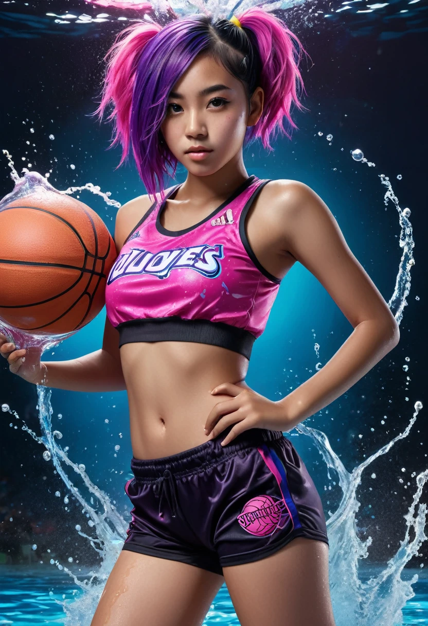portrait of an Indonesian teenage girl with a slim abs, huge breasts, wearing a pink basketball sports jersey with the name RICKY, long bright purple hair, black shorts, the teenager is holding a toy water gun, while looking at the camera, the background is dark with splashes of blue water,incredibly absurdres, ultra detailed, high resolution, realistic lighting, photorealism, hyperrealism,masterpiece,vibrant colors,stunning visuals,ultra skin texsture,stable diffusion,perfect anatomy,crazy details