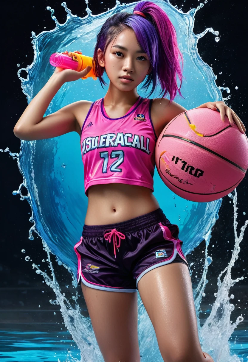 portrait of an Indonesian teenage girl with a slim abs, huge breasts, wearing a pink basketball sports jersey with the name RICKY, long bright purple hair, black shorts, the teenager is holding a toy water gun, while looking at the camera, the background is dark with splashes of blue water,incredibly absurdres, ultra detailed, high resolution, realistic lighting, photorealism, hyperrealism,masterpiece,vibrant colors,stunning visuals,ultra skin texsture,stable diffusion,perfect anatomy,crazy details