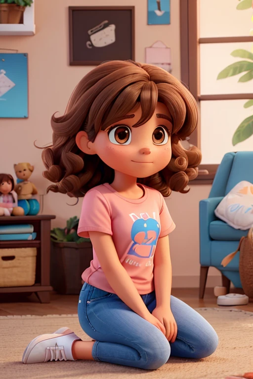 A 30 year old woman sitting with brown medium length hair with soft curls, brown eyes with fair skin wearing a light pink t-shirt, blue jeans and white tennis shoes with white socks.