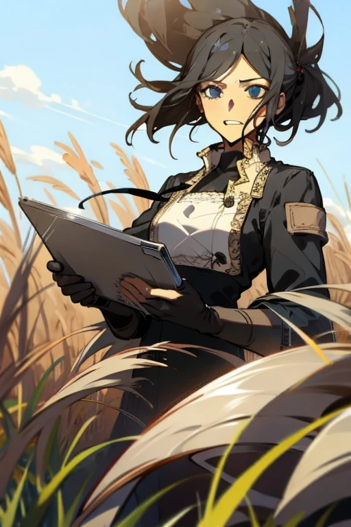 Woman in a field with expression of determination