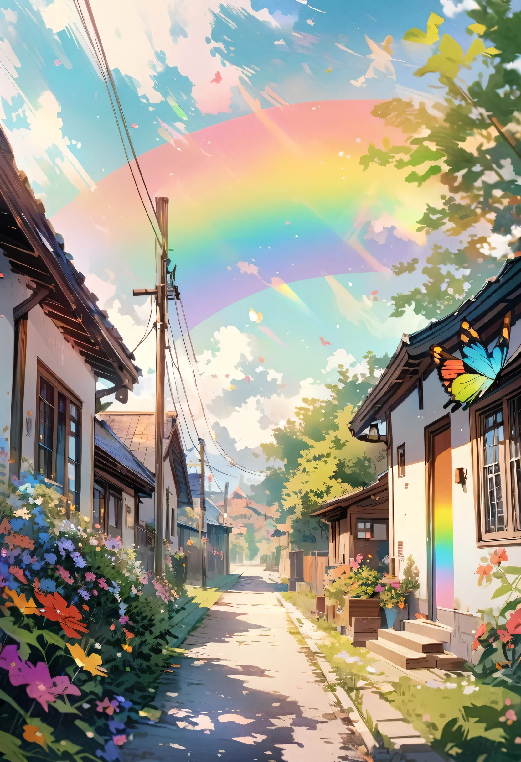 A rainbow-coloured butterfly flies through the front yard, Very detailed, 4K Real