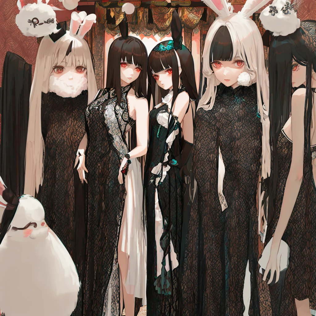 Milf, moderate length brown hair with long messy bangs, ojos rojos y un pechos gigantes, long bunny-themed ribbon in black hair, de espalda, leotardo ????? con blanco transparente, cuerpo completo, mostrando el culo al espectador