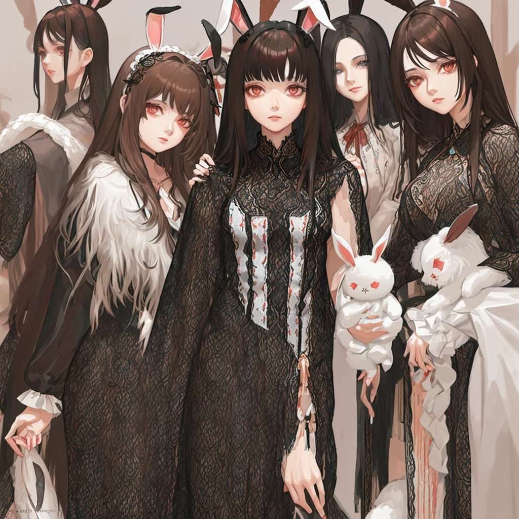 Milf, moderate length brown hair with long messy bangs, ojos rojos y un pechos gigantes, long bunny-themed ribbon in black hair, de espalda, leotardo negro con blanco transparente, cuerpo completo, mostrando el culo al espectador 