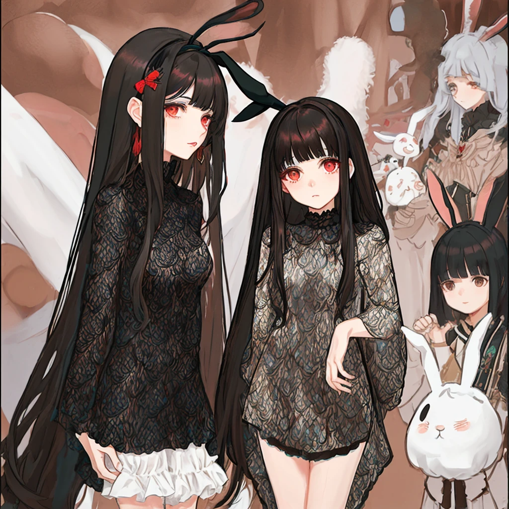 Milf, moderate length brown hair with long messy bangs, ojos rojos y un pechos gigantes, long bunny-themed ribbon in black hair, de espalda, mostrando el culo al espectador, desnuda 