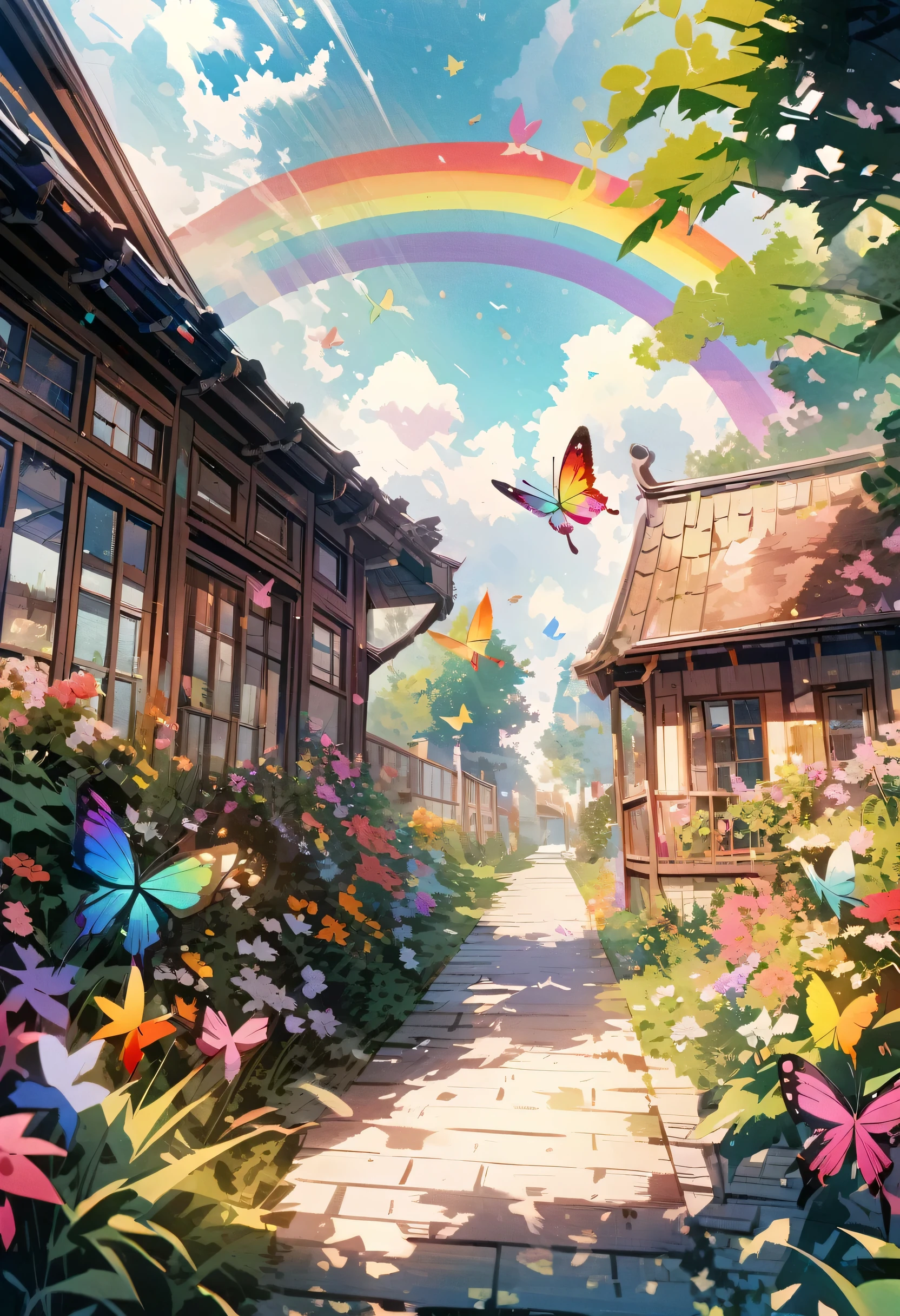 A rainbow-coloured butterfly flies through the front yard, Very detailed, 4K Real