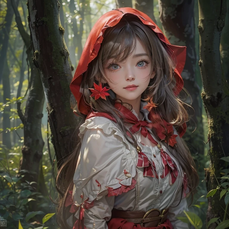 Standing in the forest、Hair flow、 ((highest quality、masterpiece、8k、Best image quality、Ultra-high resolution、Award-winning works)、(Accurate anatomy:1.1)、(Look at me and smile:1.1)、Shining fair skin with Ultra-high resolution、The most detailed face、Ultra-high resolution detailed face、Ultra-high resolutionの髪の毛、(Ultra-high resolution eye:1.1)、Beautiful face drawn in every detail、little red riding hood Costume , Chest to chest, Strange atmosphere, A real werewolf stares at her.........., Dark Light, in the forest , Heavy makeup