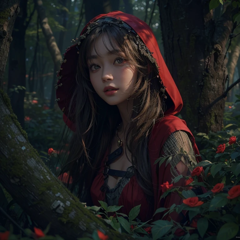 Standing in the forest、Hair flow、 ((highest quality、masterpiece、8k、Best image quality、Ultra-high resolution、Award-winning works)、(Accurate anatomy:1.1)、(Look at me and smile:1.1)、Shining fair skin with Ultra-high resolution、The most detailed face、Ultra-high resolution detailed face、Ultra-high resolutionの髪の毛、(Ultra-high resolution eye:1.1)、Beautiful face drawn in every detail、little red riding hood Costume , Chest to chest, Strange atmosphere, A real werewolf stares at her.........., Dark Light, in the forest , Heavy makeup