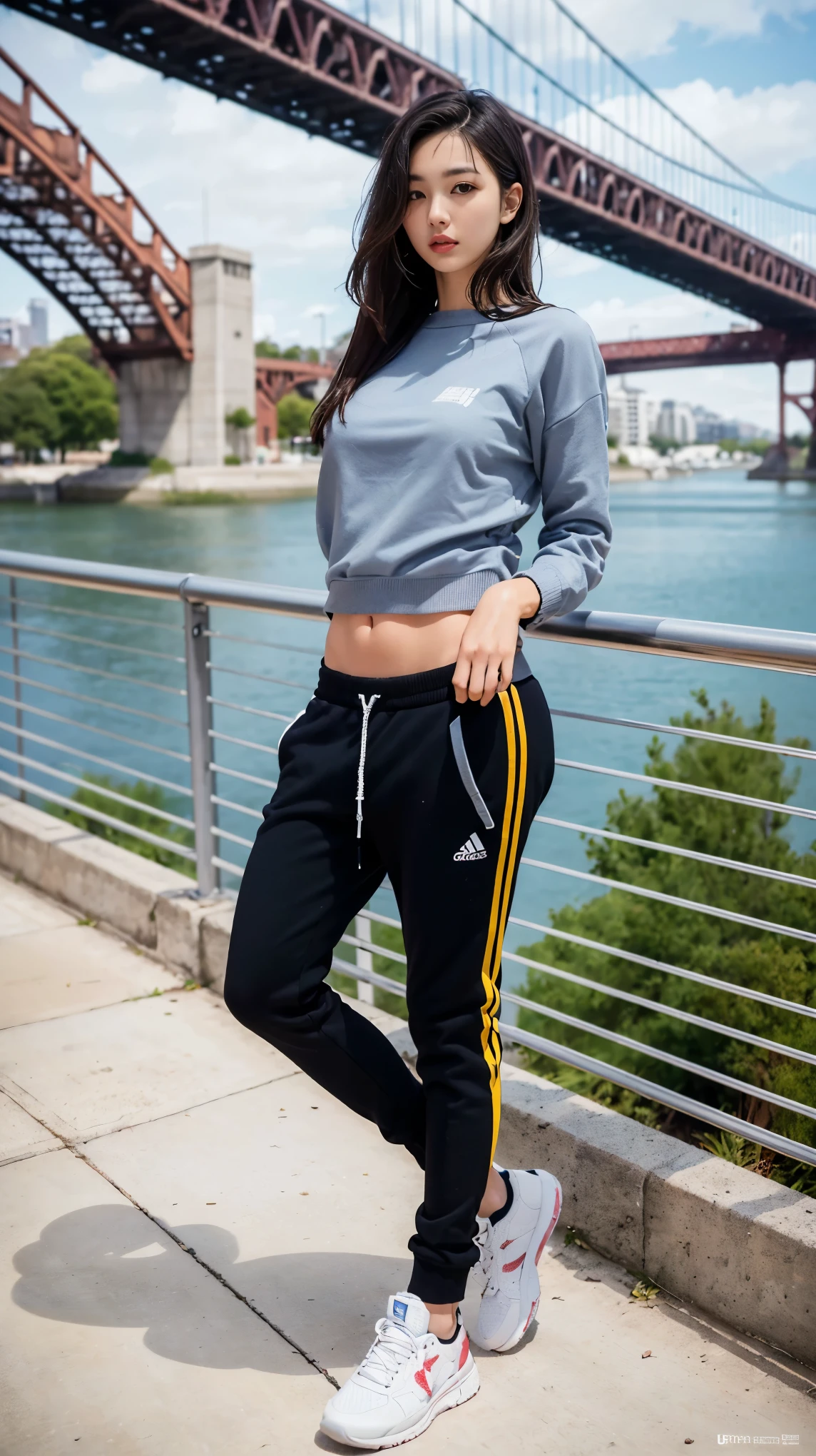 (best quality, masterpiece, photo realistic, very detailed, ultra high resolution, raw:1.3), 1 woman, korean, ), sweater , Jogger pants, jumper, (sneaker, beautiful bridge, whole body:1.2), main street, from below, Sportswear,