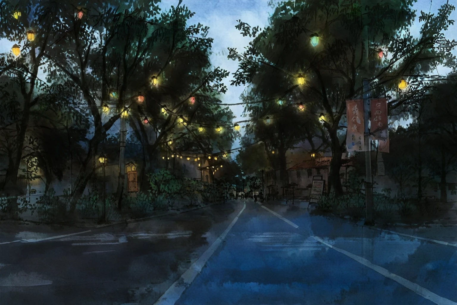 这是Ink Painting,大写意的Ink Painting,((Ink Painting)),There are many lights hanging on the trees on the street, Street lights are shining, Street light glow, Summer Night Out, color, night,Lights in the distance,International Art Exhibition Award-winning Works,Graininess,Rice paper,