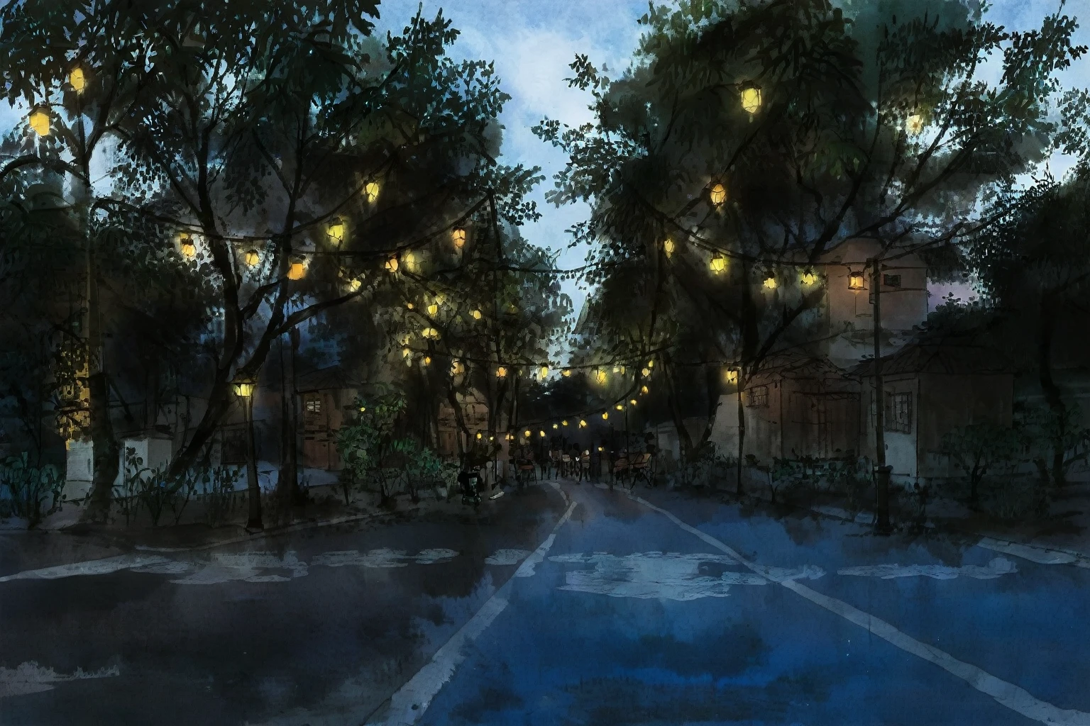 这是Ink Painting,大写意的Ink Painting,((Ink Painting)),There are many lights hanging on the trees on the street, Street lights are shining, Street light glow, Summer Night Out, color, night,Lights in the distance,International Art Exhibition Award-winning Works,Graininess,Rice paper,