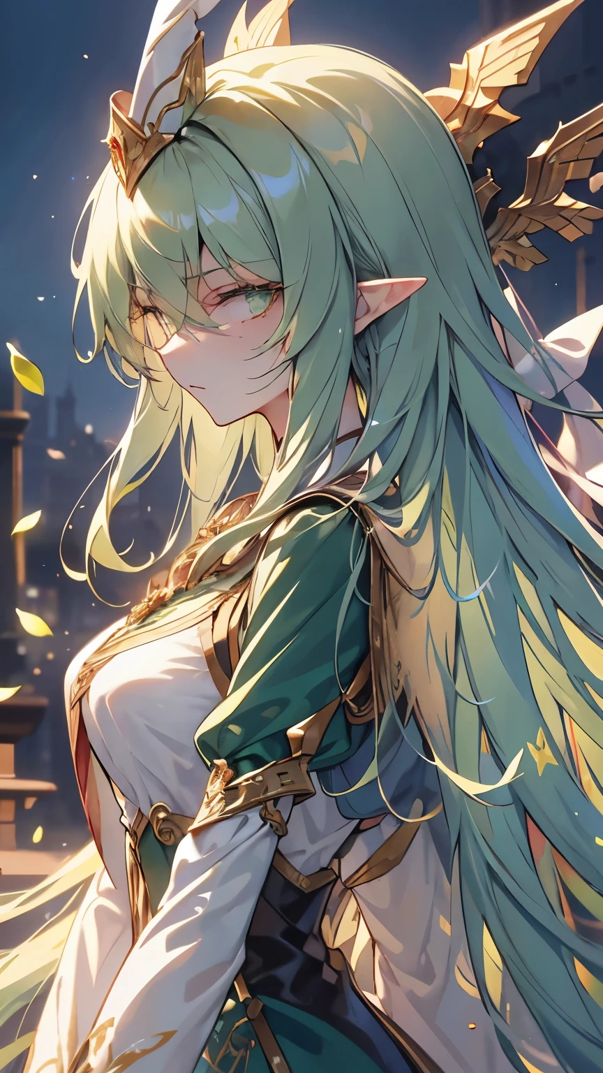 green hair, very long hair, floating hair, big hair, ((wizard hat)), eyeball, green eyes, high detailed eyes, long pointy ears, anime, by Alfons Mucha, blending, masterpiece, accurate, textured skin, best quality, highres, super detail, 8k,elf, mature lady, green dress, Intricately embroidered dress, Fresh green leaves, Elven Wizard