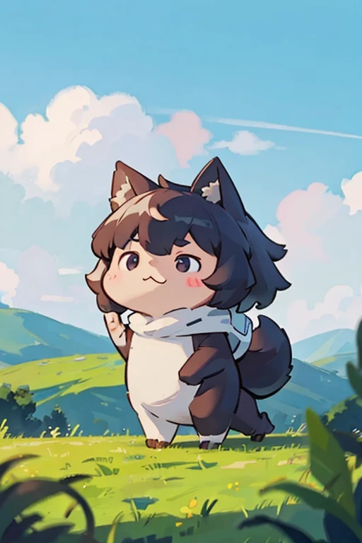 Photo realism、A big bad wolf rushing towards a wooden house in a South American meadow