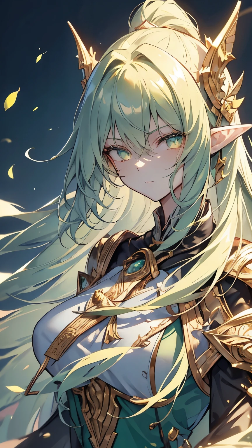 green hair, very long hair, floating hair, big hair, ((wizard hat)), eyeball, green eyes, high detailed eyes, long pointy ears, anime, by Alfons Mucha, blending, masterpiece, accurate, textured skin, best quality, highres, super detail, 8k,elf, mature lady, green dress, Intricately embroidered dress, Fresh green leaves, Elven Wizard