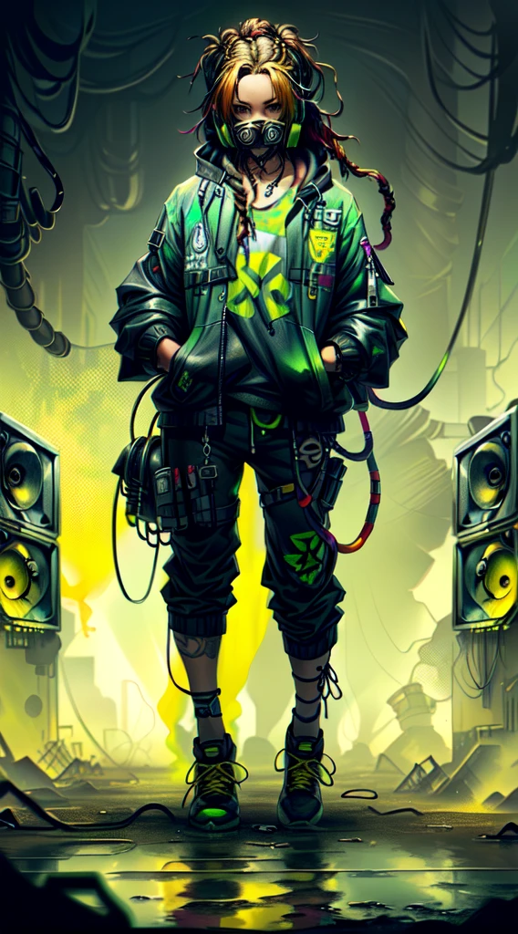 1 rapper with dreads hair, ToxicPunkAI techwear jacket, minimalist abstract ToxicPunkAI music mixer and speakers background, bubbles, melt, detailed, intricate