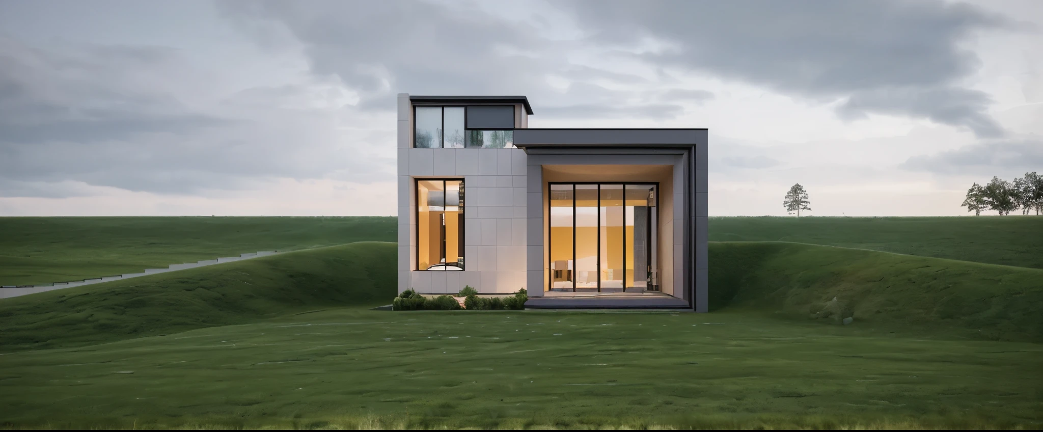 MODERN HOUSE, 3DMAX RENDER CORONA, GREEN TREES AROUND, WARM COLORS, ((white wall)),surrounded by trees, lawn, (large sliding glass doors),sunset light, neutral colored lights, beautiful, cloudy sky, landscape, plain terrain, RAW photo, subject, 8k uhd, dslr, soft lighting, high quality, film grain, Fujifilm XT3