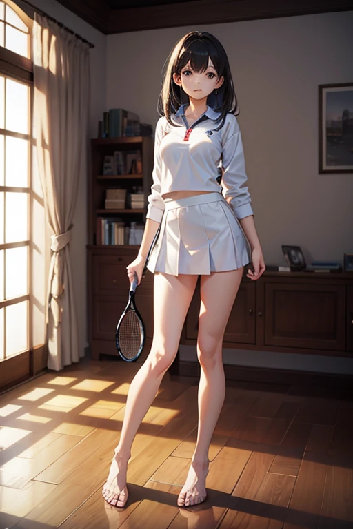 Official Art, unity 8k wallpaper, Very detailed, masterpiece, highest quality, 1 female, (Very detailed)、Masterpiece, Full body view、Standing Accurately, Tennis uniform、White panties、Toes on the feet、No sleeve、(Realistic、Photorealistic:1.3)、High detail、Dynamic Angle, Fire glow effect,  Professional Lighting, Side light, Cinematic Light, 超A high resolution, 8k , Film Grain,Best Shadow, Particles of light, Fine skin, Detailed face, Intricate details, Very detailed, Tennis court、Beautiful Face、Blurred Background、18 year old beautiful girl、Shiny skin、thin、Wonderful friends、Delicate body、Narrow waist、Sweat、Daytime、