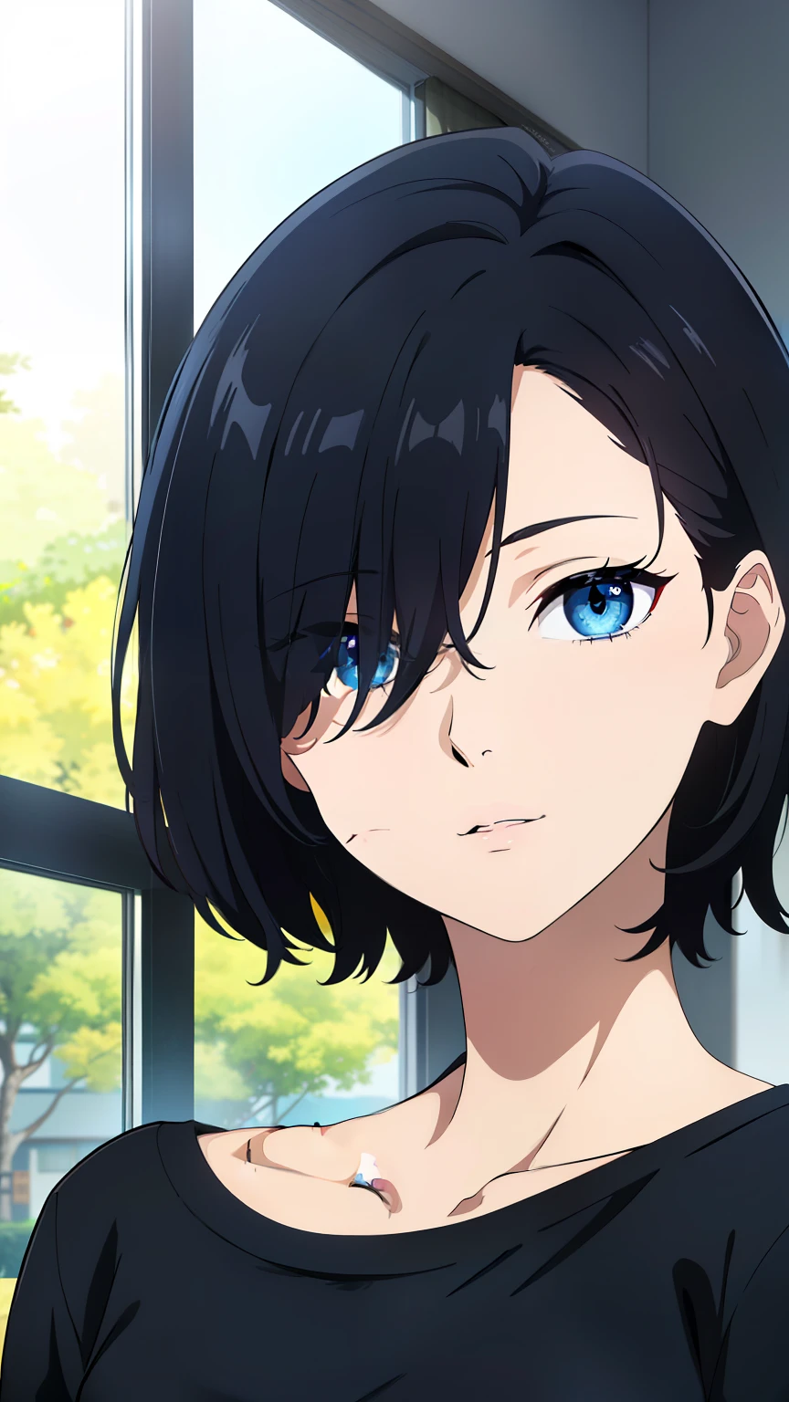 (best quality:1.5, highres, UHD, 4K, detailed lighting, shaders), black hair, short hair, messy hair, (hair covering one eye), cool, woman, Slender Eyes, blue eyes, beautiful, indoors background, casual clothes
