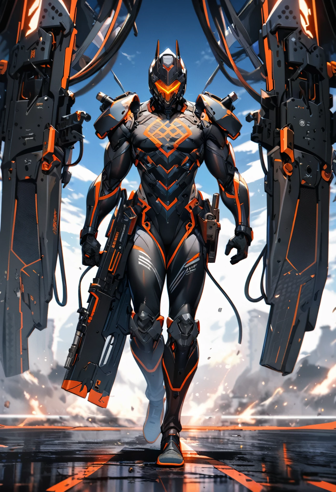 combat aesthetics, streamlined cut, metal decoration, nano technology fabric, high wear resistance, elasticity, temperature regulation, handcrafted, machine production, deep color, chest pattern, back logo, protective goggles, helmet, waist equipment, multi-functional knife, energy gun, confident, calm, decisive, fearless warrior, justice, honor,(fullbody), (full body), leotard, fight cloth,full of (weapons), solo, portrait , (highest quality, extreme detailed)