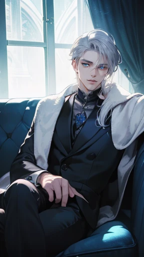 masterpiece, best quality, realistic, 1man, mature male, quiet and charming young man, 28 years old, serious look, extremely detailed face, ((ice blue eyes)), ((long sliver hair)), [thick eyebrows], emperor, detailed background, ((suit)), cinematic lighting, looking at the audience, posture dynamics, smirk, blue cape, black suit, black pants, (Silver-haired, blue-eyed man, relaxing on the sofa by the window, :1.5), (masterpiece, top quality, best quality, beautiful illustration, official art, wide angle, beautiful and aesthetic,1 man,:1.5), Masterpiece Background Midnight, Darkness, Dark Room, Dark tone, castle, castle windows, Moonlight, (Moonlight Only: 1.5), Invincible Smile, Bewitching, long hair