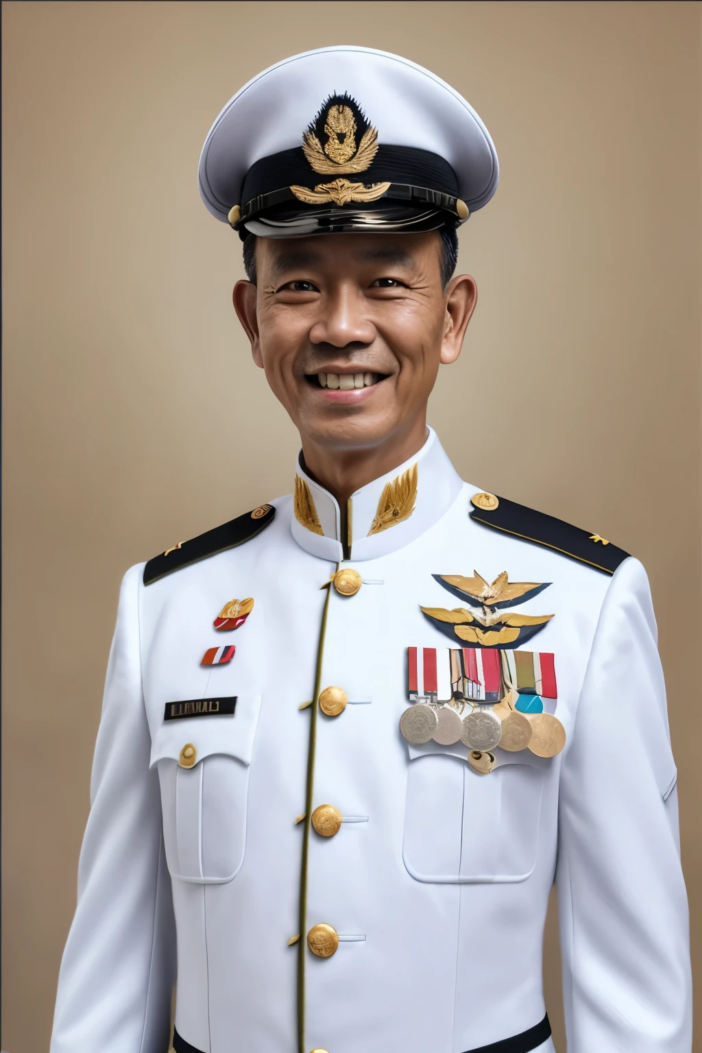 Masterpiece, hd, military uniform, white military uniform, military cap, medals, wings, UHD , 8k, standing, Indonesian man, 50 y.o, 1man, smiling
