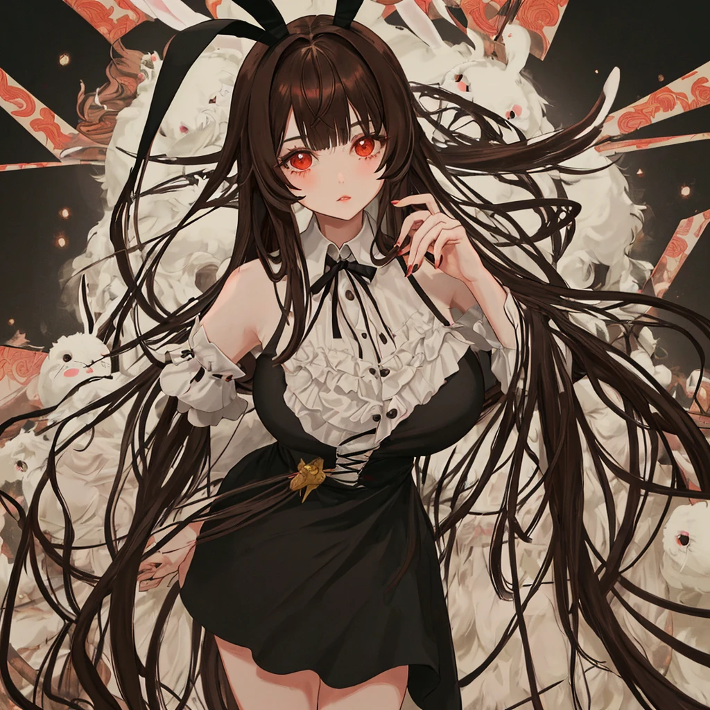 Milf, moderate length brown hair with long messy bangs, ojos rojos y un pechos gigantes, long bunny-themed ribbon in black hair, de espalda, mostrando el culo al espectador, desnuda 
